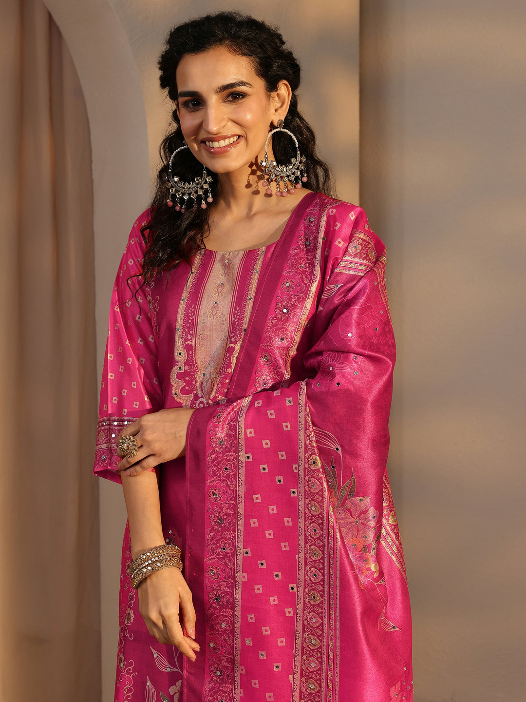  Pink Floral Printed Silk Blend Straight Suit Set With Dupatta 