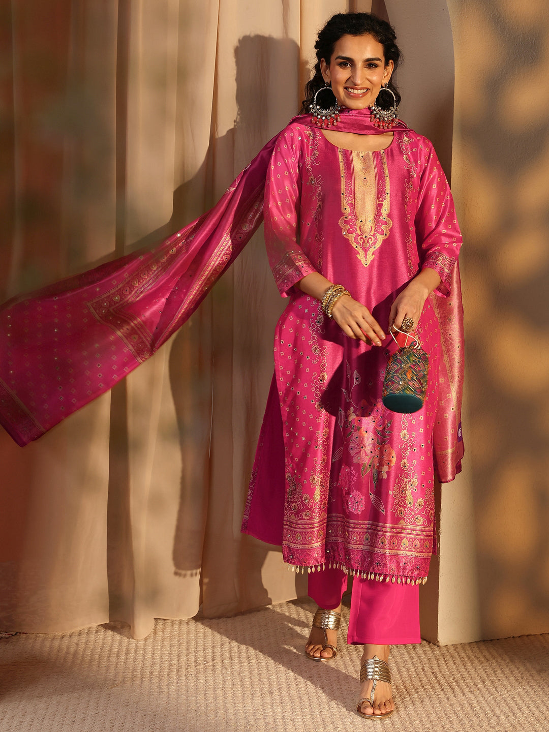  Pink Floral Printed Silk Blend Straight Suit Set With Dupatta 