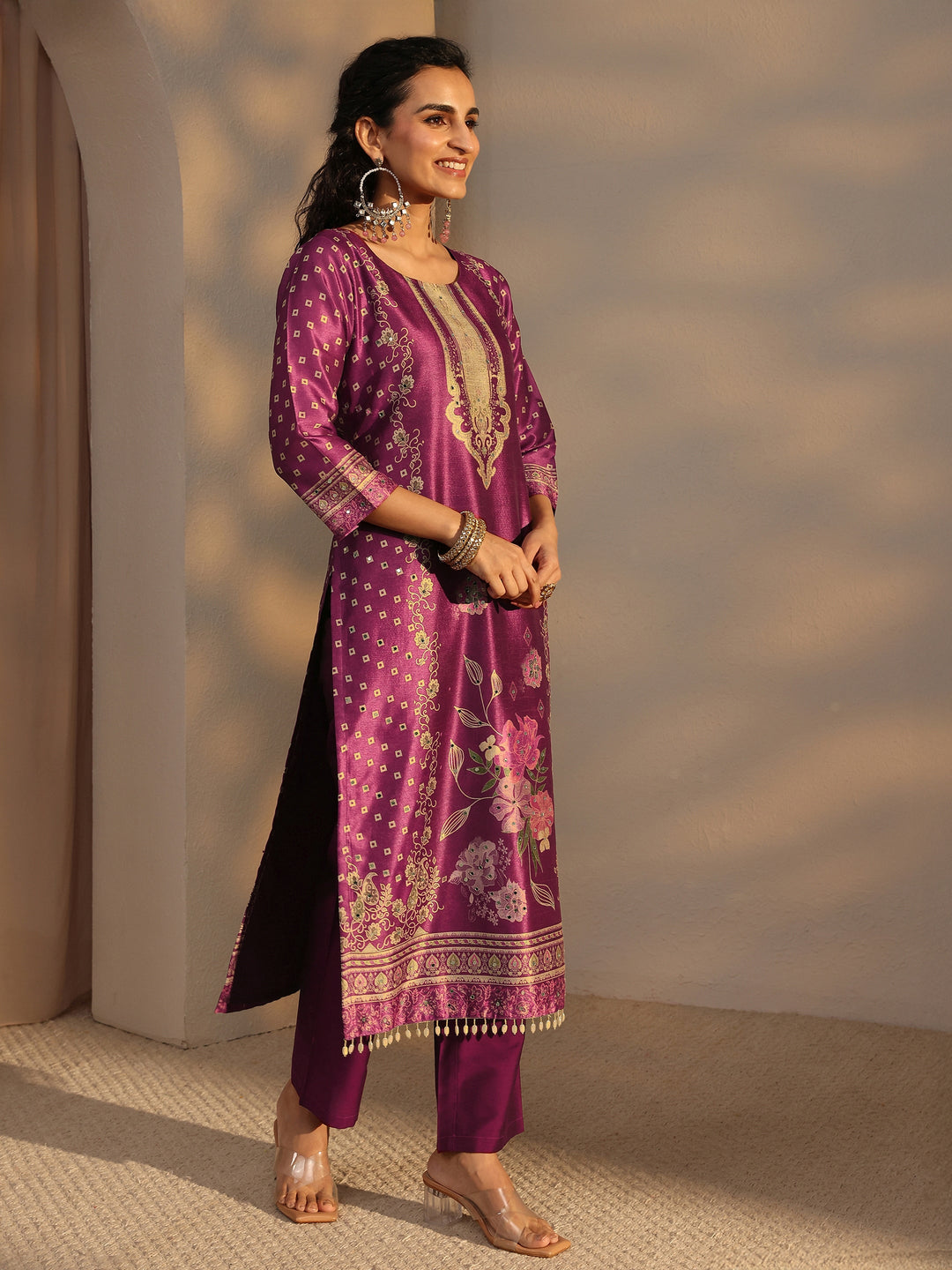  Burgundy Floral Printed Silk Blend Straight Suit Set With Dupatta 