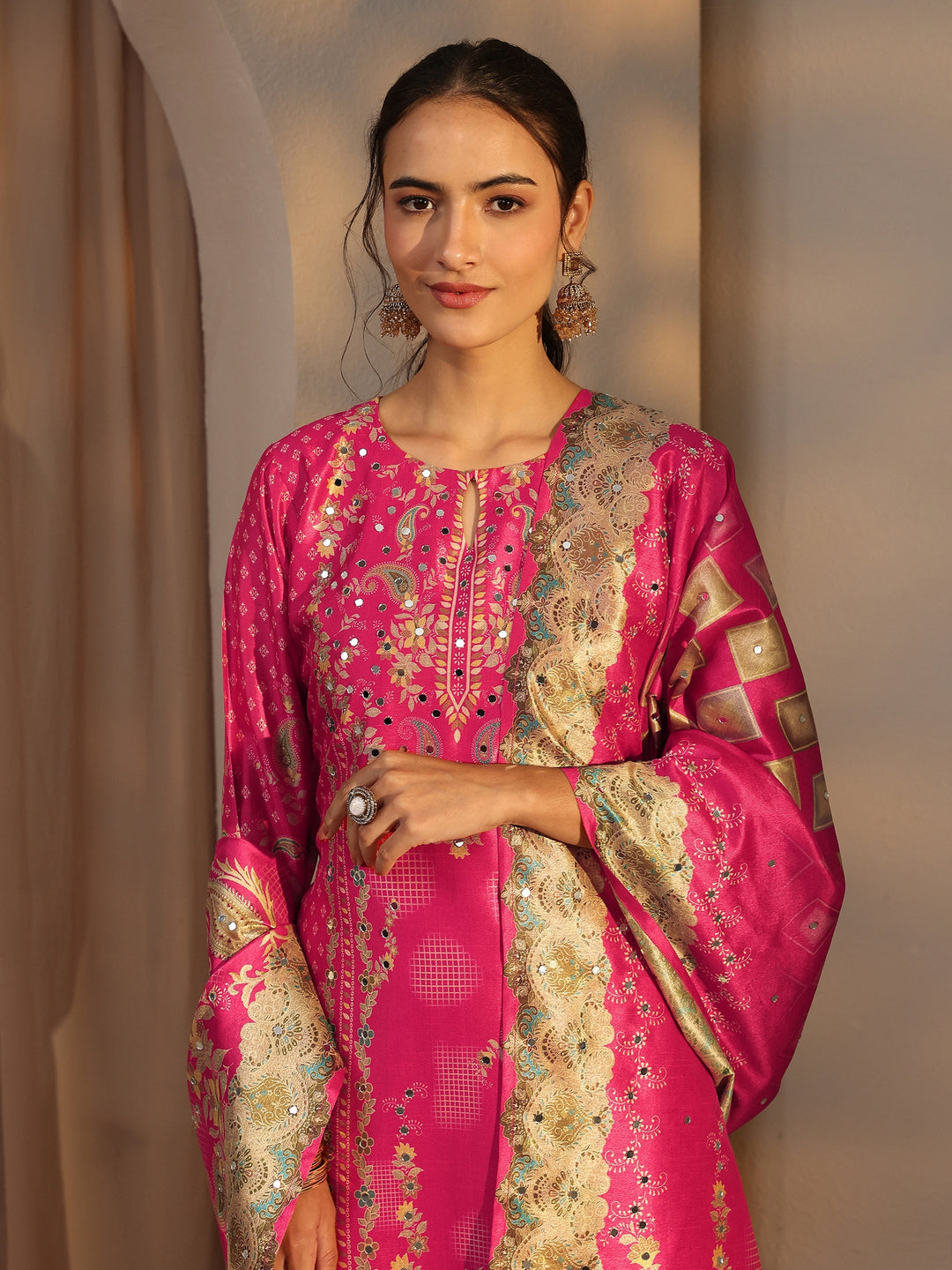  Pink Floral Printed Silk Blend Straight Suit Set With Dupatta 