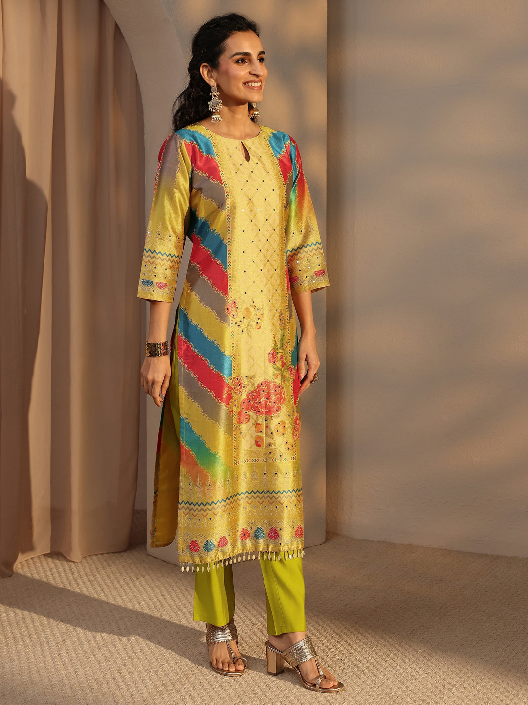  Yellow Ethnic Printed Silk Blend Straight Suit Set With Dupatta 
