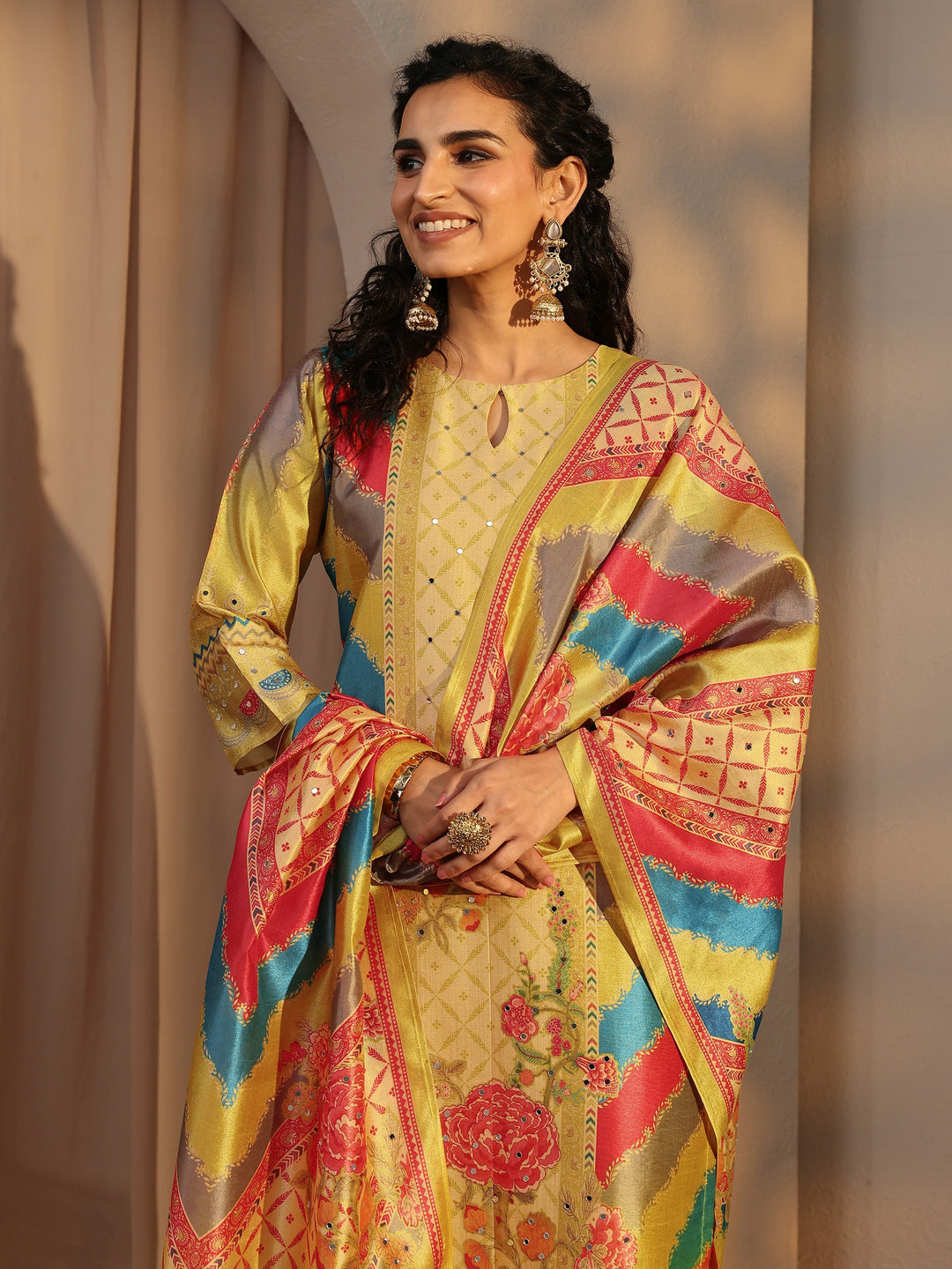  Yellow Ethnic Printed Silk Blend Straight Suit Set With Dupatta 