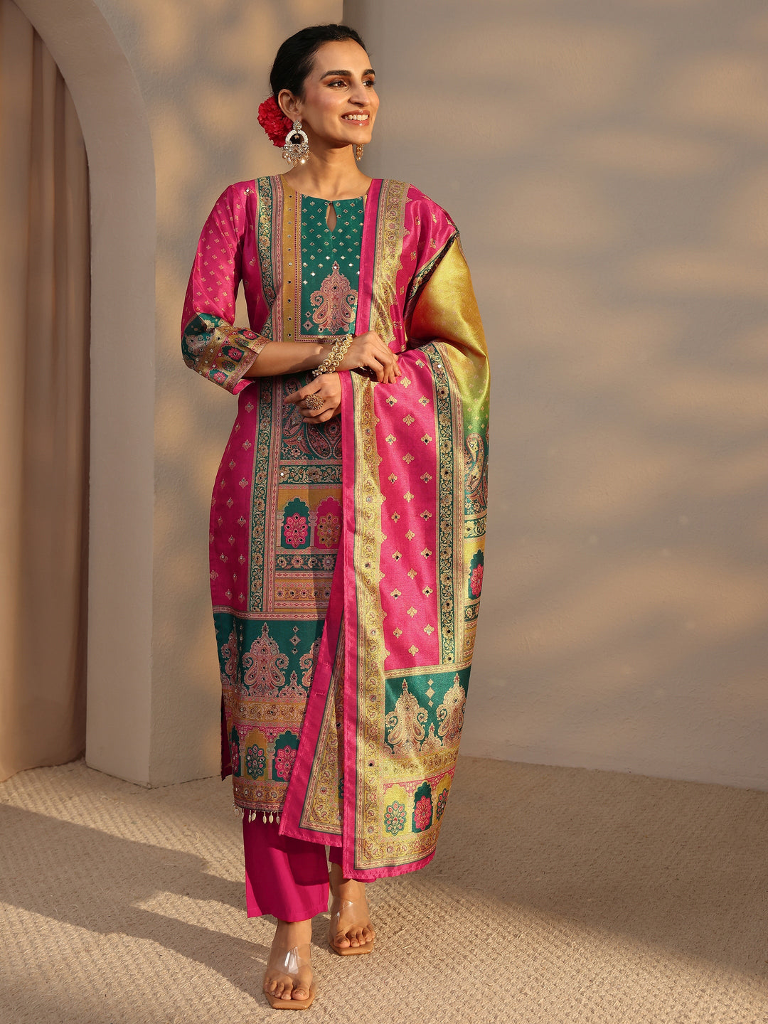  Multi Ethnic Printed Silk Blend Straight Suit Set With Dupatta 