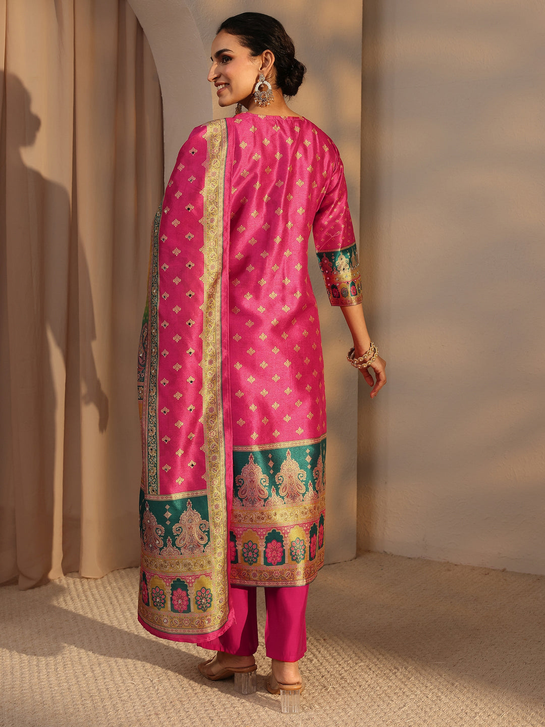  Multi Ethnic Printed Silk Blend Straight Suit Set With Dupatta 