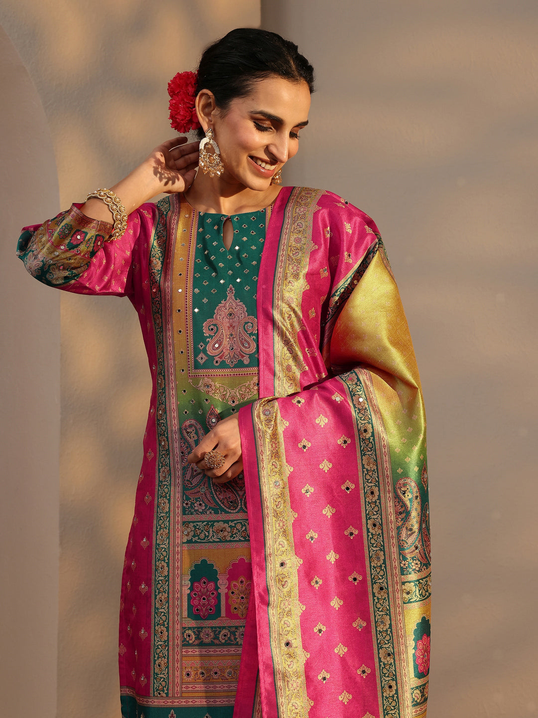  Multi Ethnic Printed Silk Blend Straight Suit Set With Dupatta 