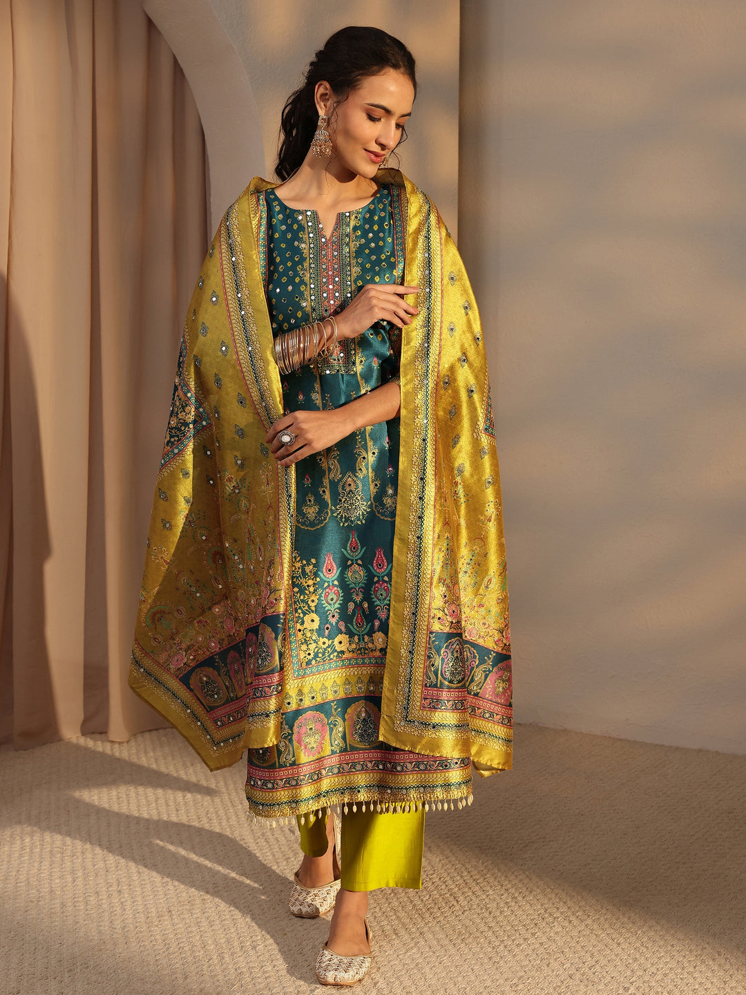  Green Ethnic Printed Silk Blend Straight Suit Set With Dupatta 