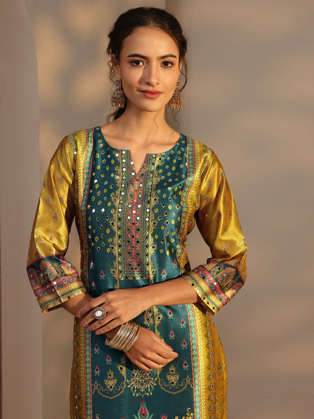  Green Ethnic Printed Silk Blend Straight Suit Set With Dupatta 