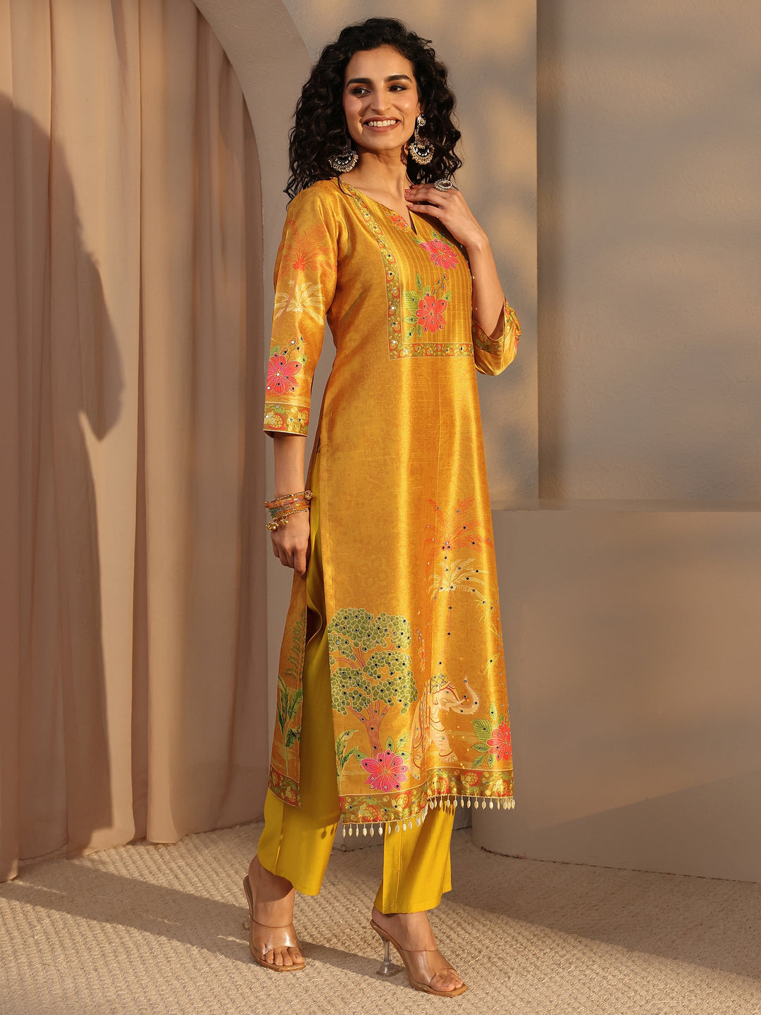  Mustard Tribal Printed Silk Blend Straight Suit Set With Dupatta 