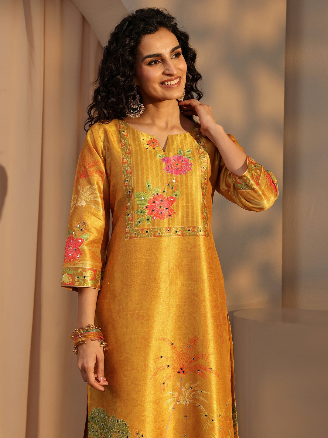  Mustard Tribal Printed Silk Blend Straight Suit Set With Dupatta 