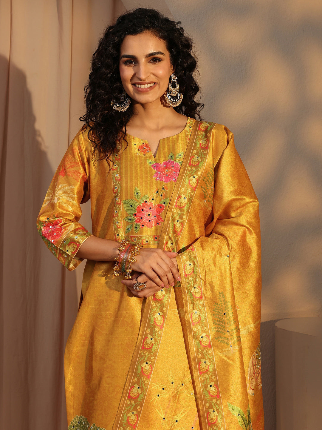  Mustard Tribal Printed Silk Blend Straight Suit Set With Dupatta 