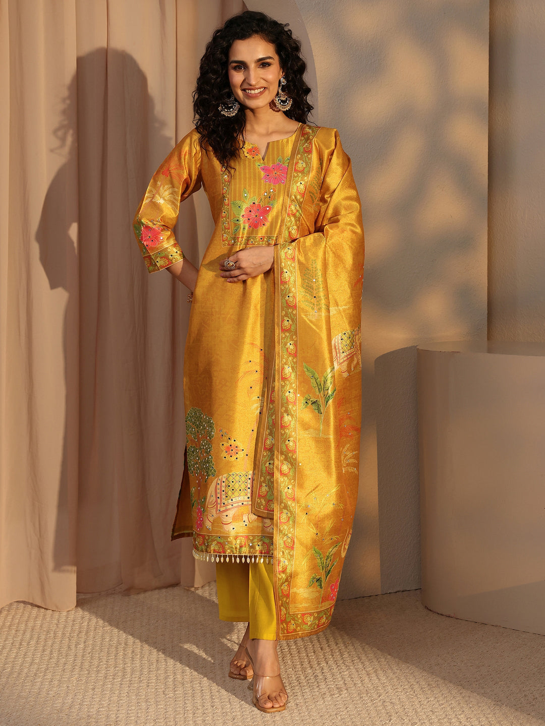  Mustard Tribal Printed Silk Blend Straight Suit Set With Dupatta 