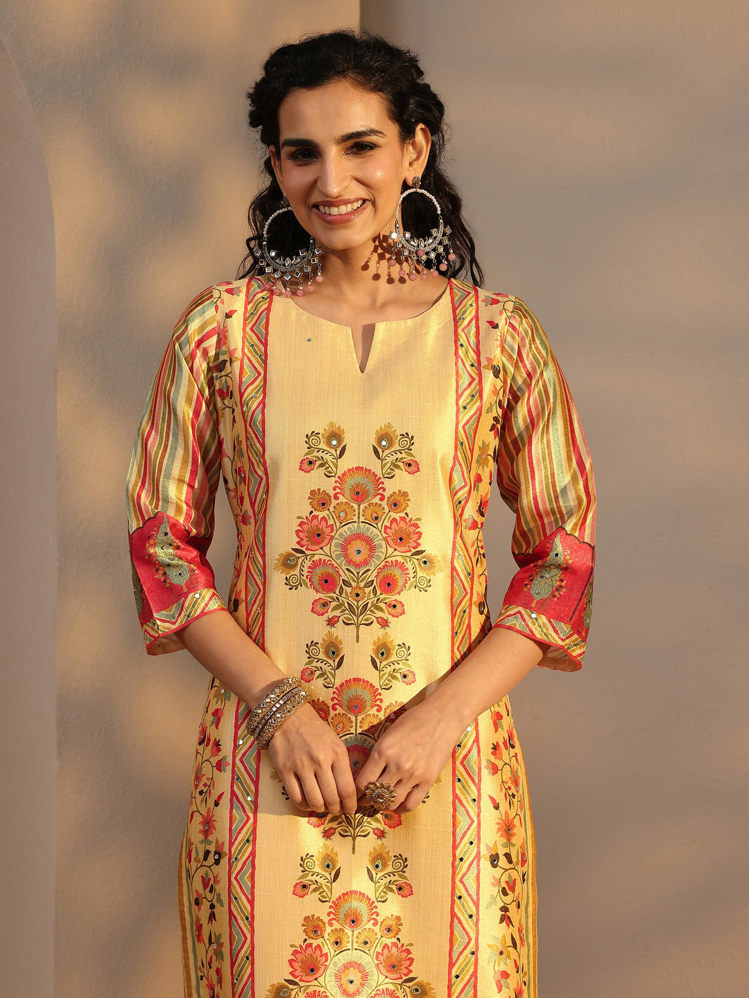  Beige Floral Printed Silk Blend Straight Suit Set With Dupatta 