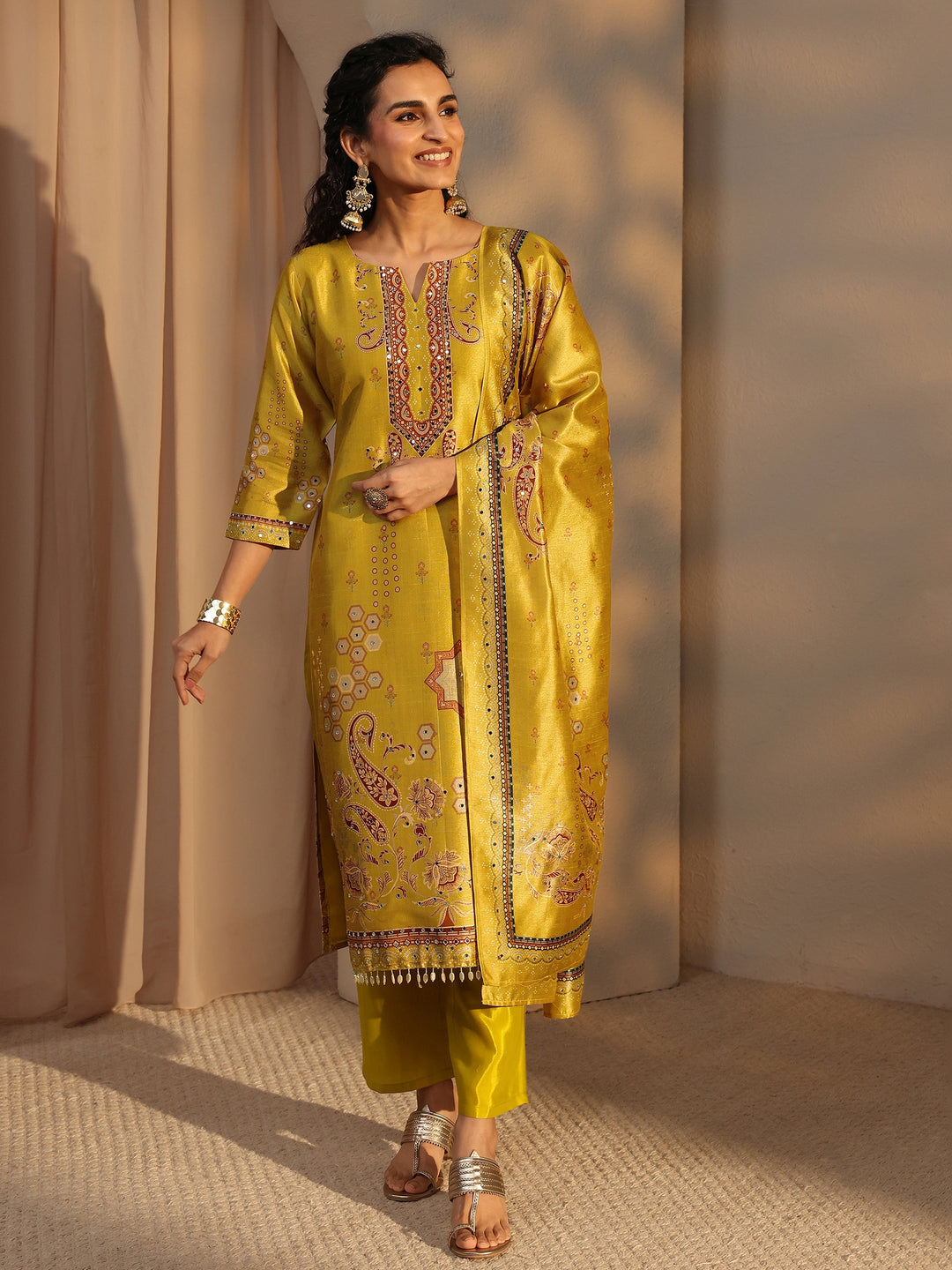  Yellow Ethnic Printed Silk Blend Straight Suit Set With Dupatta 
