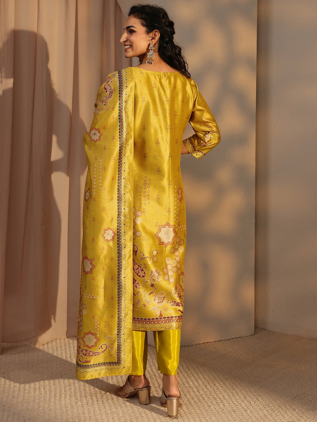  Yellow Ethnic Printed Silk Blend Straight Suit Set With Dupatta 