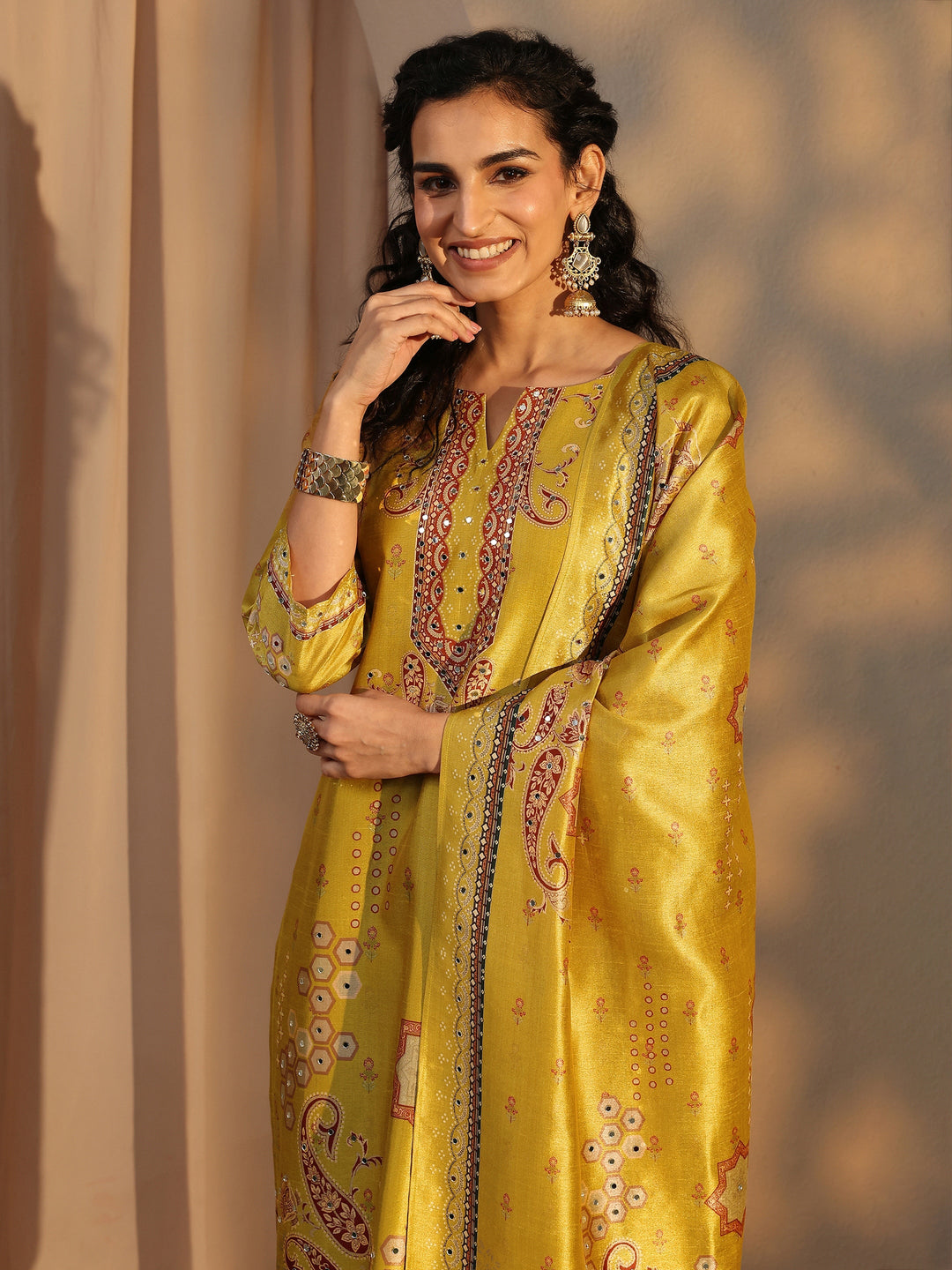  Yellow Ethnic Printed Silk Blend Straight Suit Set With Dupatta 