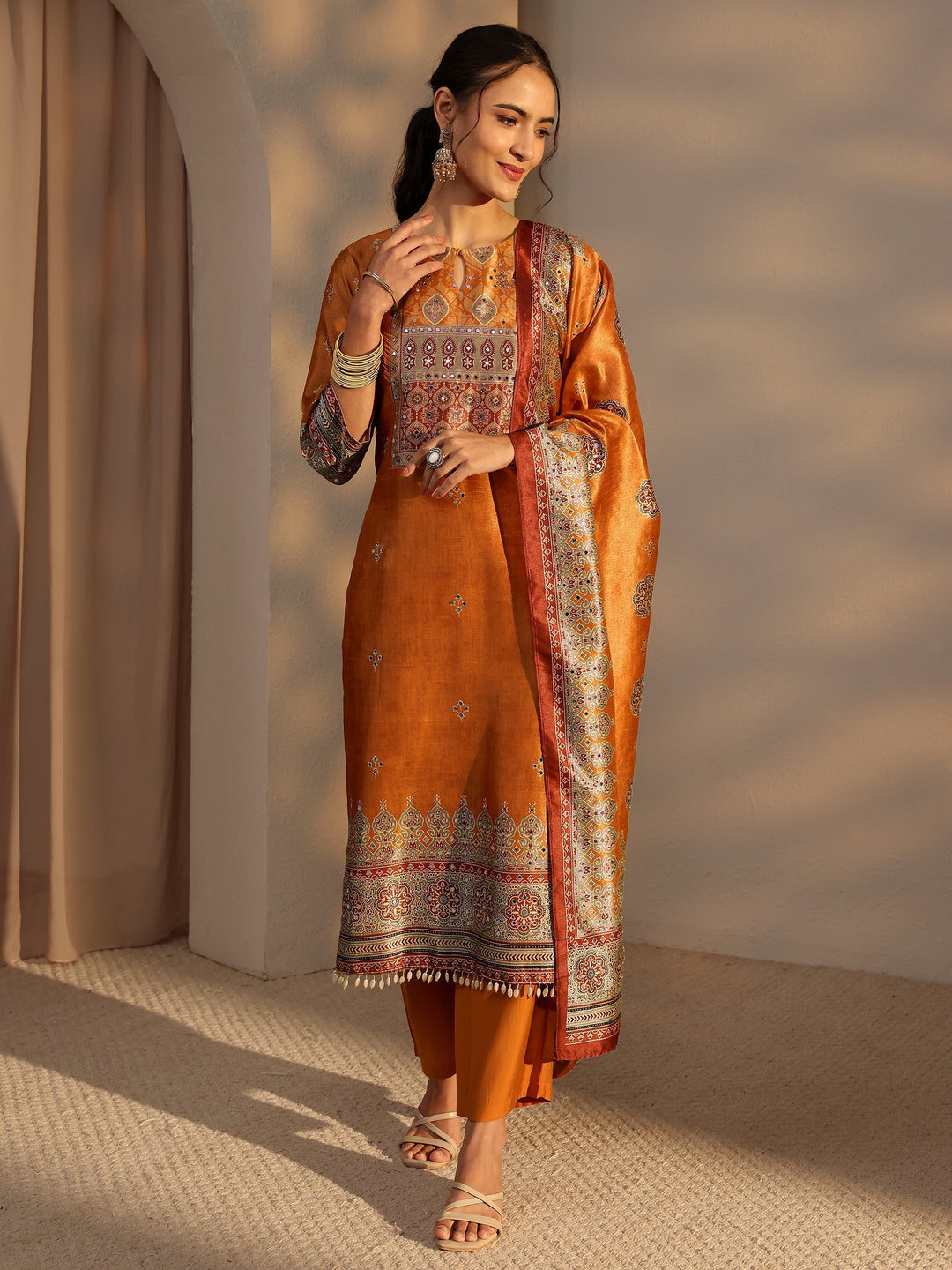  Orange Ethnic Printed Silk Blend Straight Suit Set With Dupatta 