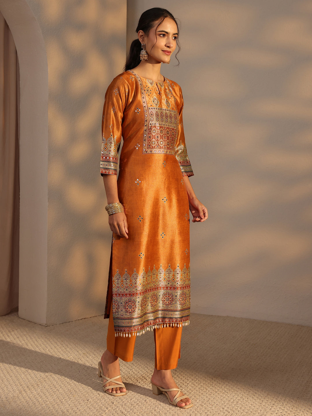  Orange Ethnic Printed Silk Blend Straight Suit Set With Dupatta 