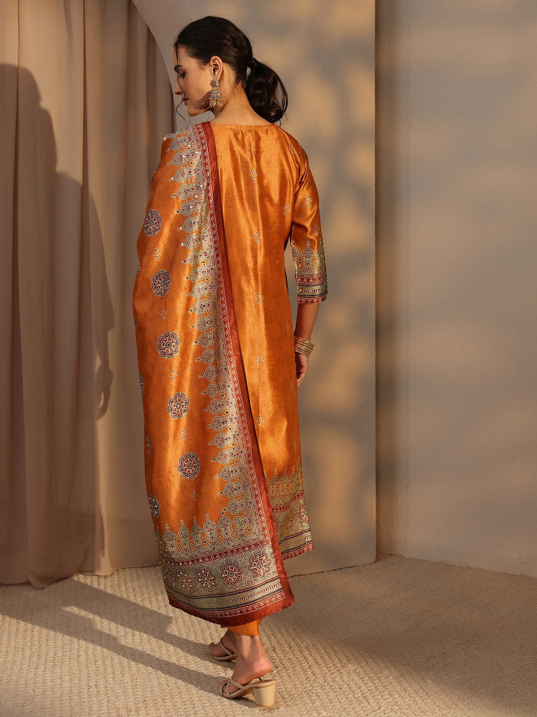  Orange Ethnic Printed Silk Blend Straight Suit Set With Dupatta 