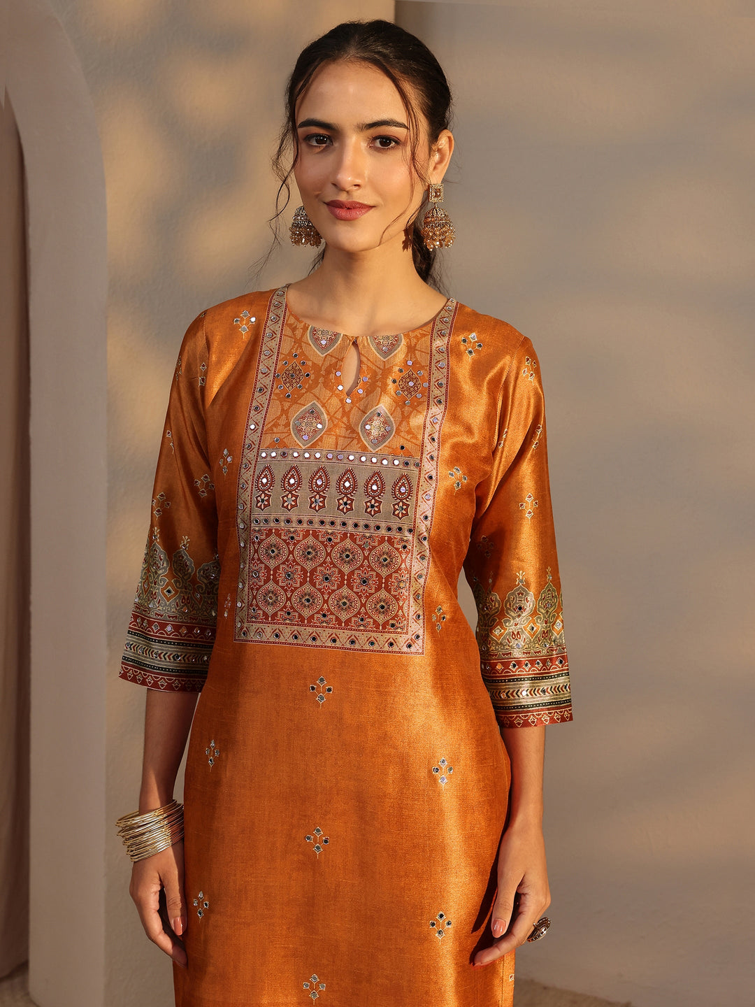  Orange Ethnic Printed Silk Blend Straight Suit Set With Dupatta 