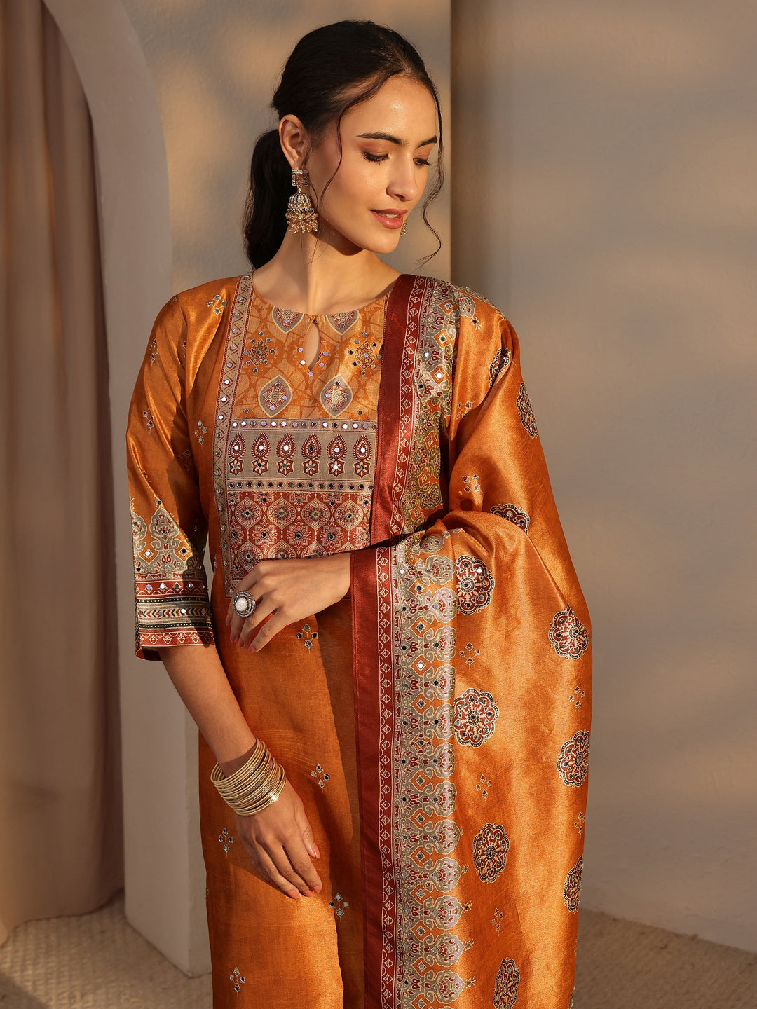  Orange Ethnic Printed Silk Blend Straight Suit Set With Dupatta 