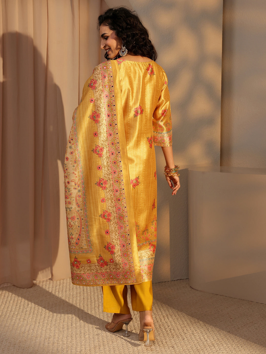  Yellow Floral Printed Silk Blend Straight Suit Set With Dupatta 