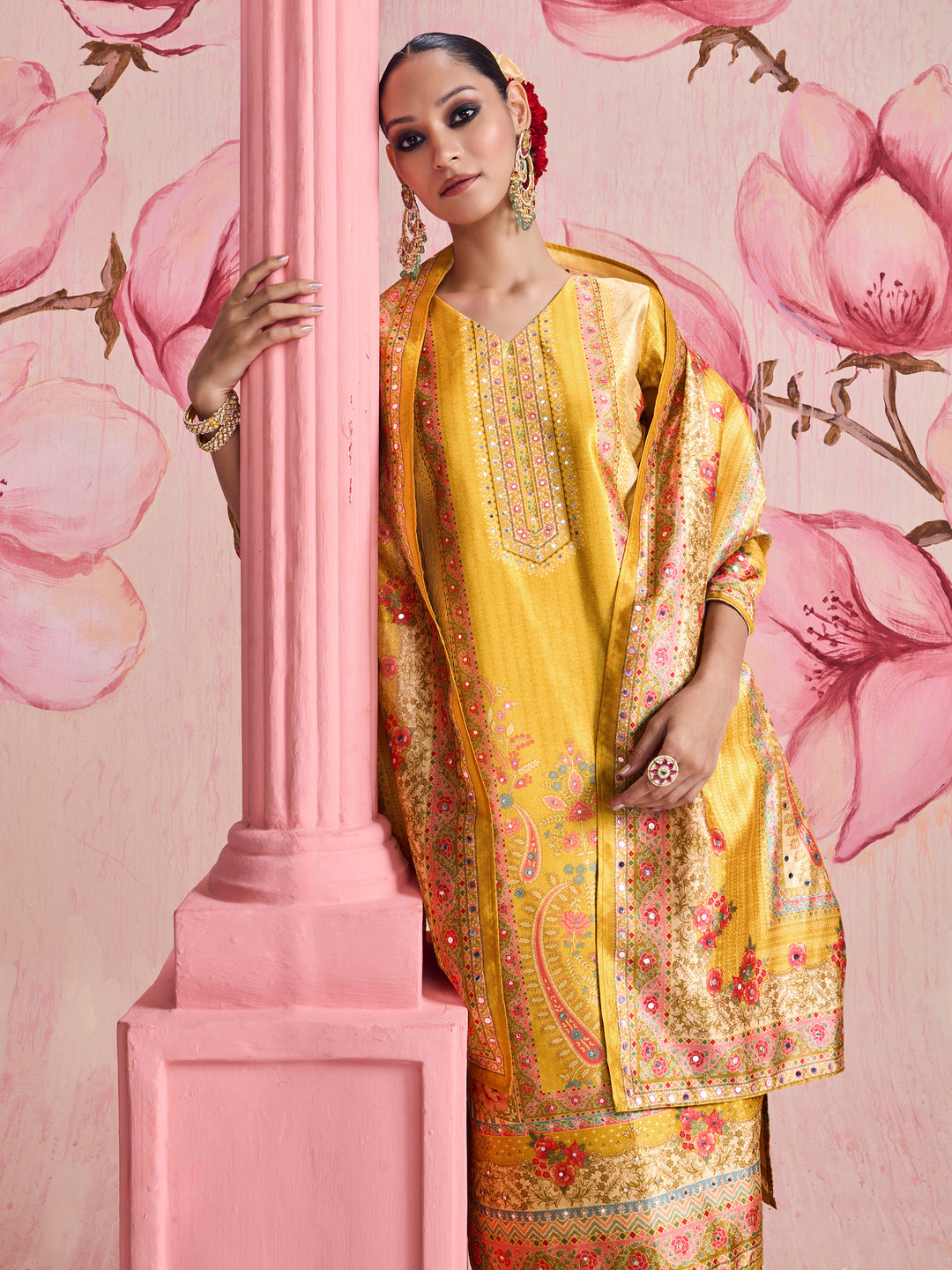 Libas Saundarya Yellow Floral Printed Silk Blend Straight Suit Set