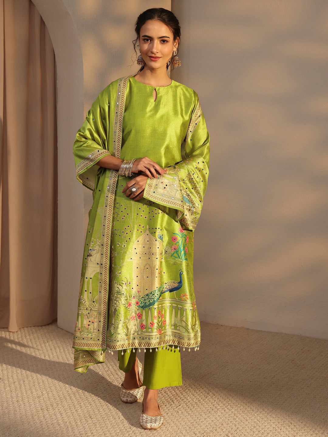  Green Floral Printed Silk Blend Straight Suit Set With Dupatta 