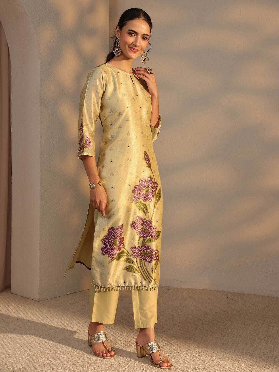  Beige Floral Printed Silk Blend Straight Suit Set With Dupatta 