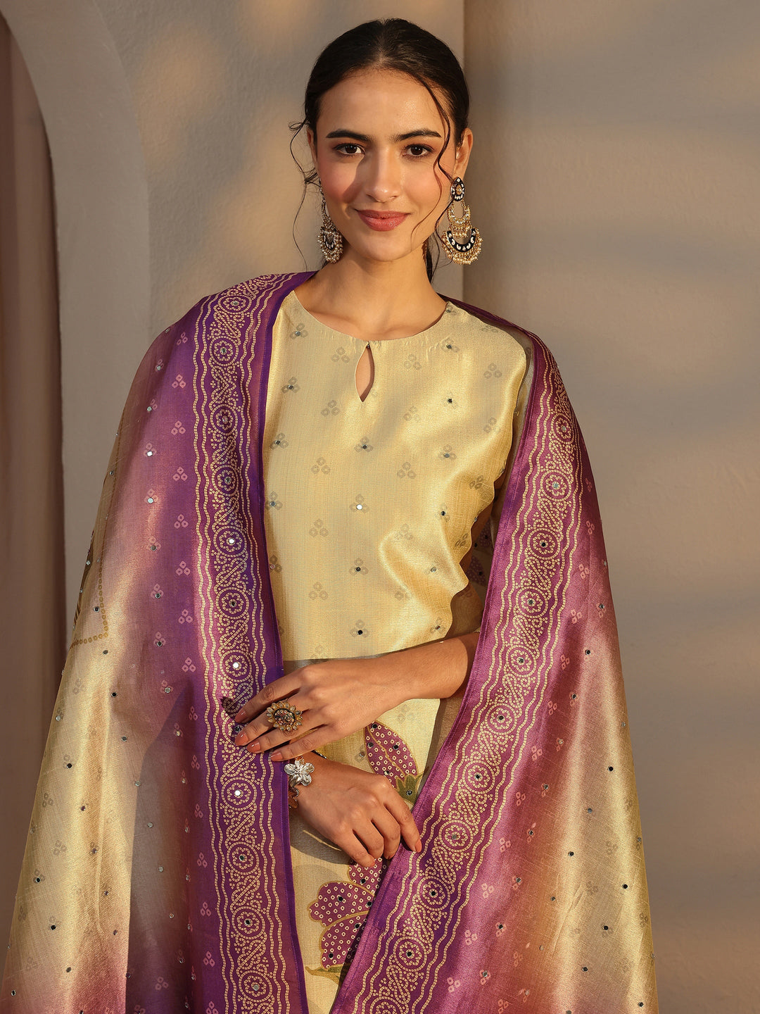  Beige Floral Printed Silk Blend Straight Suit Set With Dupatta 