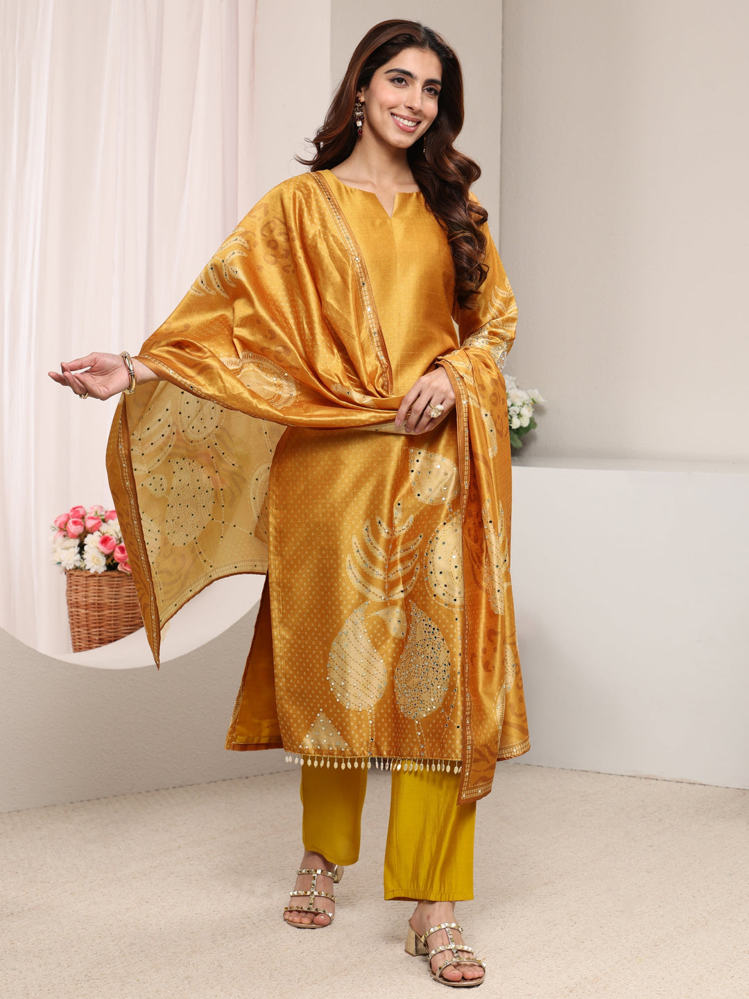  Mustard Embellished Silk Blend Straight Suit Set With Dupatta 