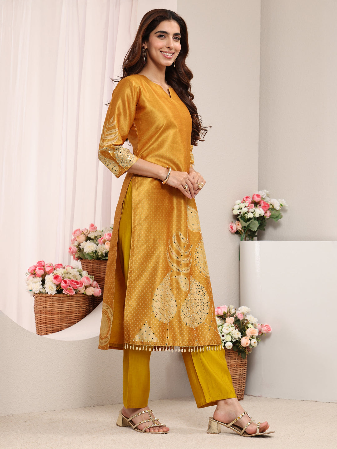  Mustard Embellished Silk Blend Straight Suit Set With Dupatta 