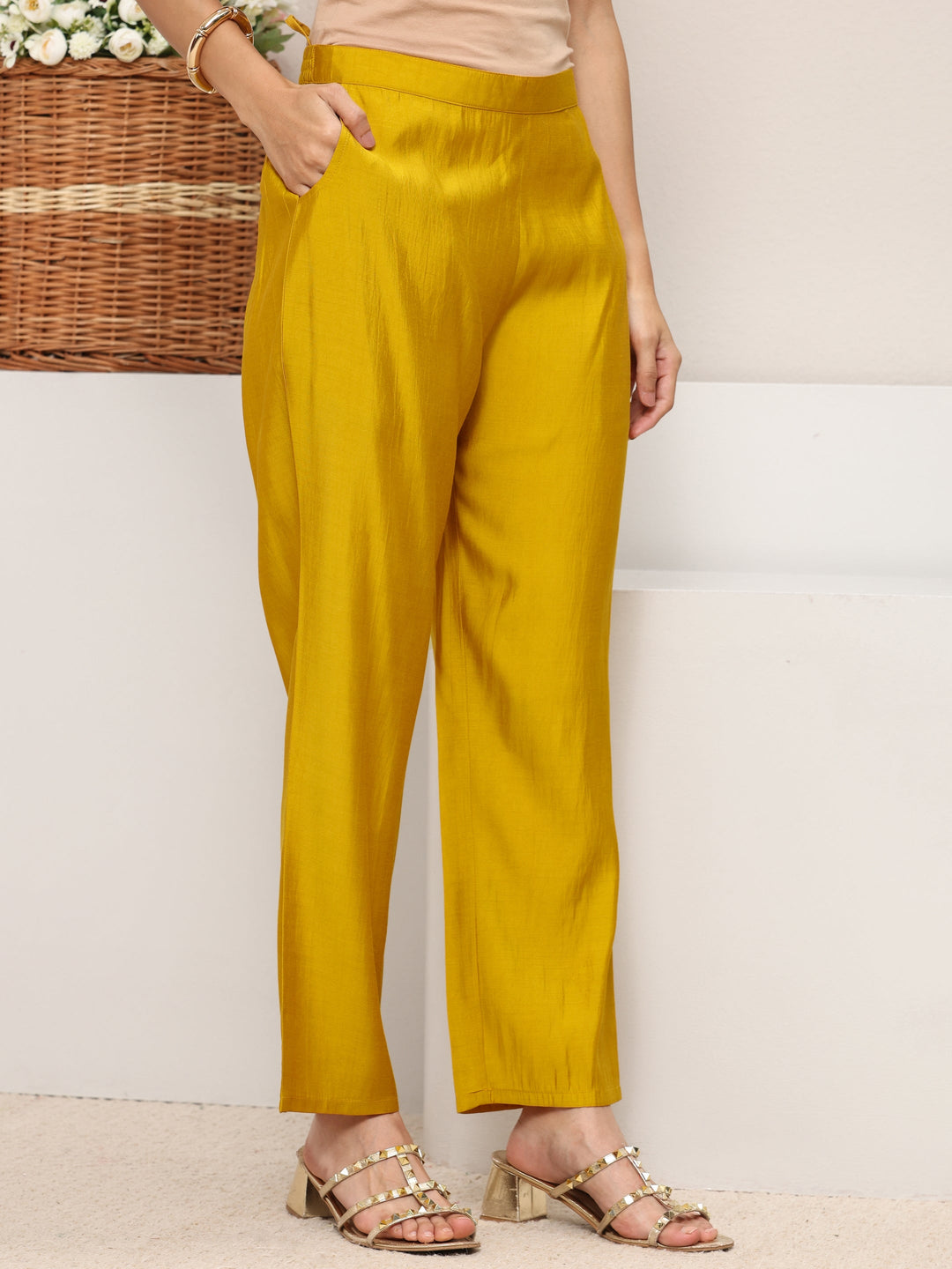  Mustard Embellished Silk Blend Straight Suit Set With Dupatta 