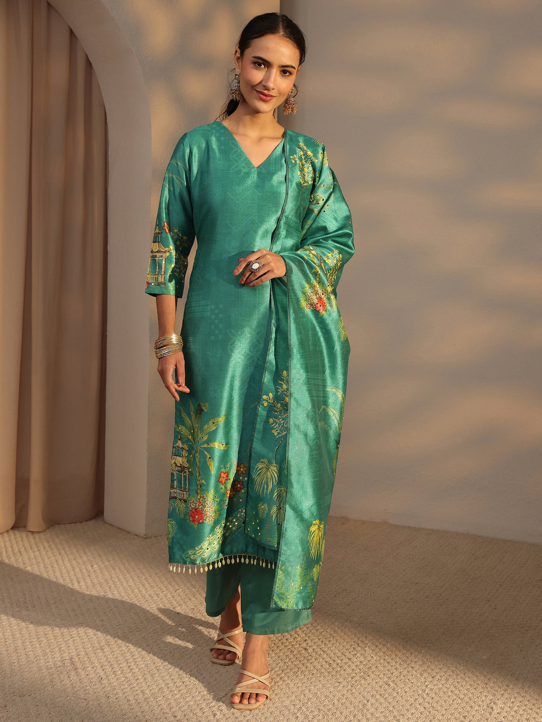  Teal Tribal Printed Silk Blend Straight Suit Set With Dupatta 