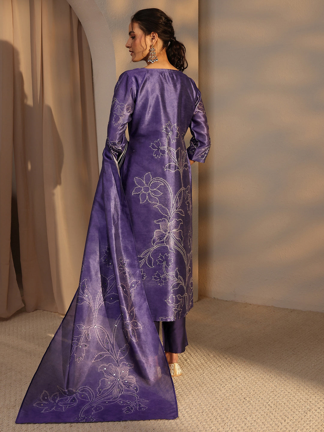  Purple Floral Printed Silk Blend Straight Suit Set With Dupatta 