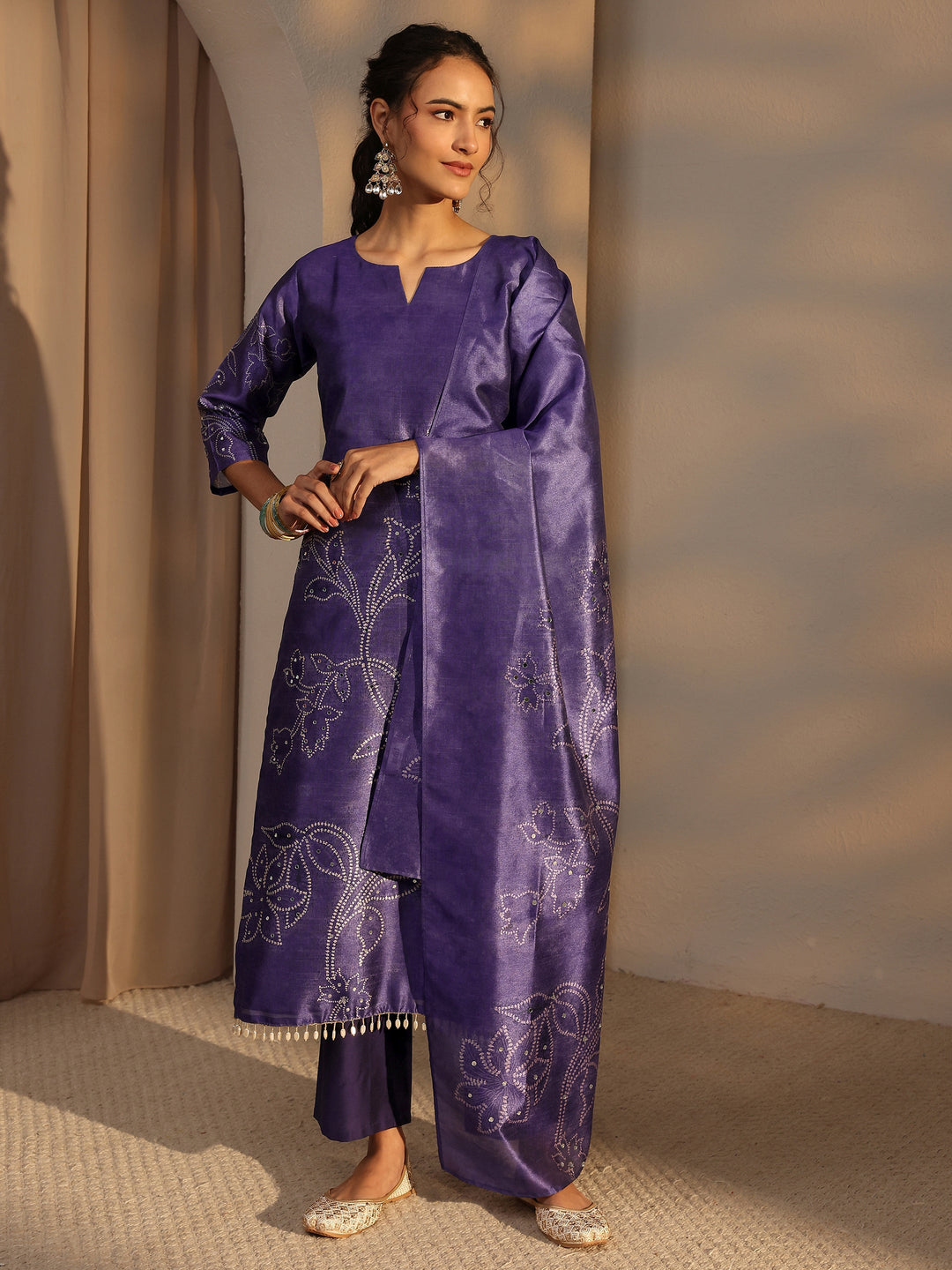  Purple Floral Printed Silk Blend Straight Suit Set With Dupatta 