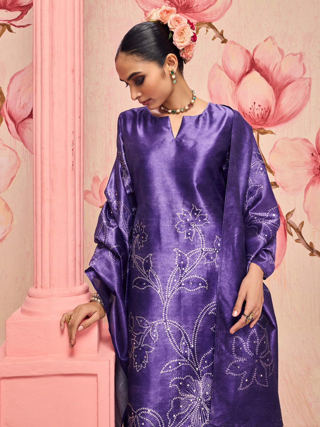 Libas Lavanya Purple Floral Printed Silk Blend Straight Suit Set
