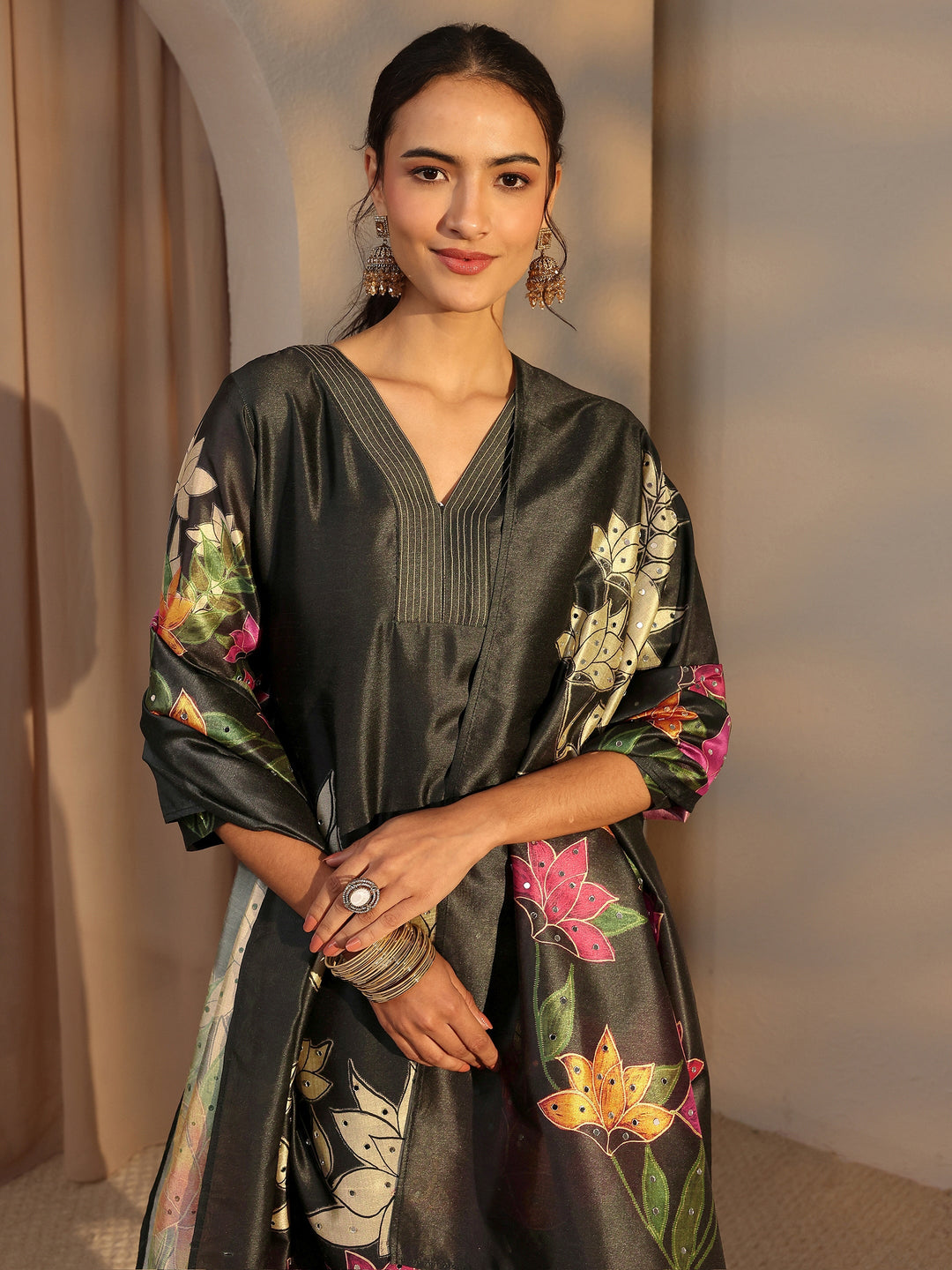  Black Floral Printed Silk Blend Straight Suit Set With Dupatta 