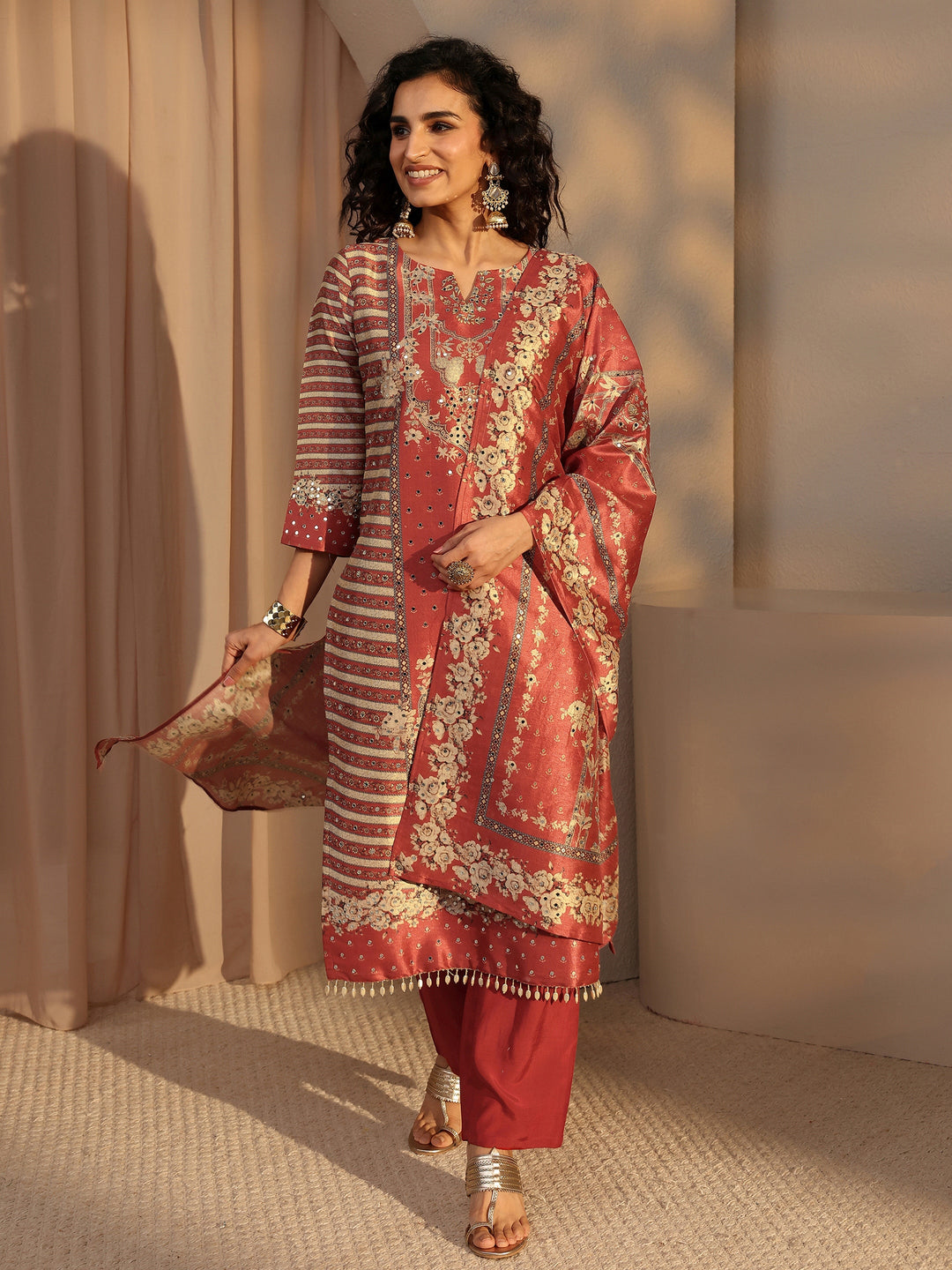  Rust Ethnic Printed Silk Blend Straight Suit Set With Dupatta 