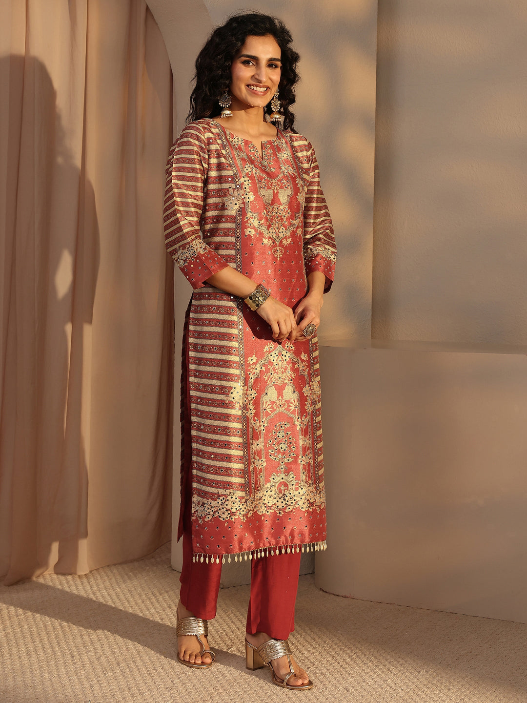  Rust Ethnic Printed Silk Blend Straight Suit Set With Dupatta 