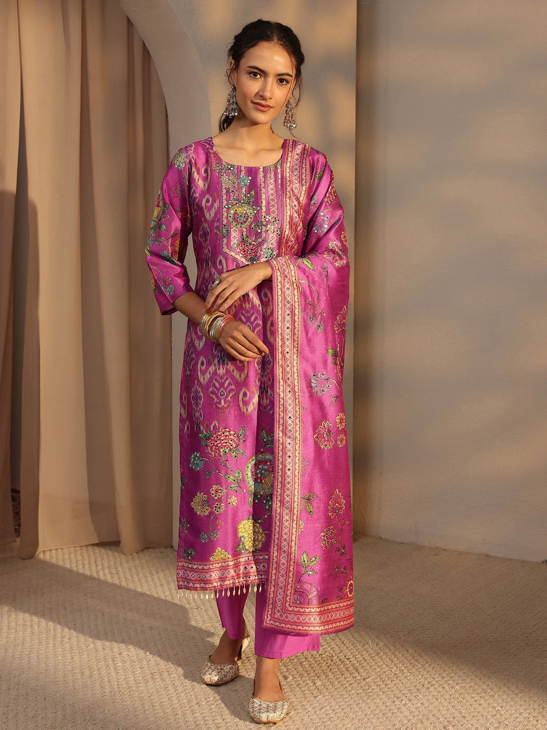  Purple Ethnic Printed Silk Blend Straight Suit Set With Dupatta 