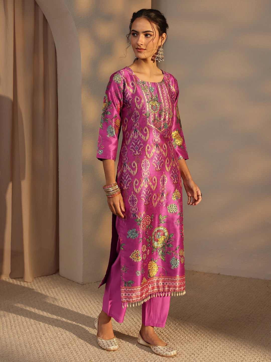  Purple Ethnic Printed Silk Blend Straight Suit Set With Dupatta 