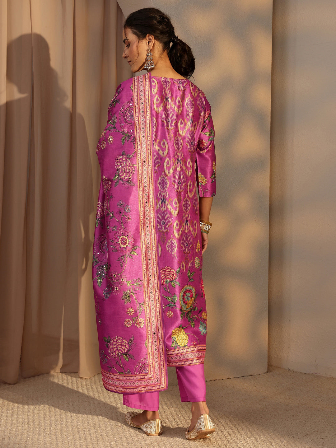  Purple Ethnic Printed Silk Blend Straight Suit Set With Dupatta 