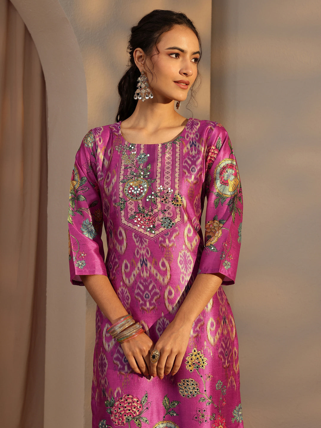  Purple Ethnic Printed Silk Blend Straight Suit Set With Dupatta 