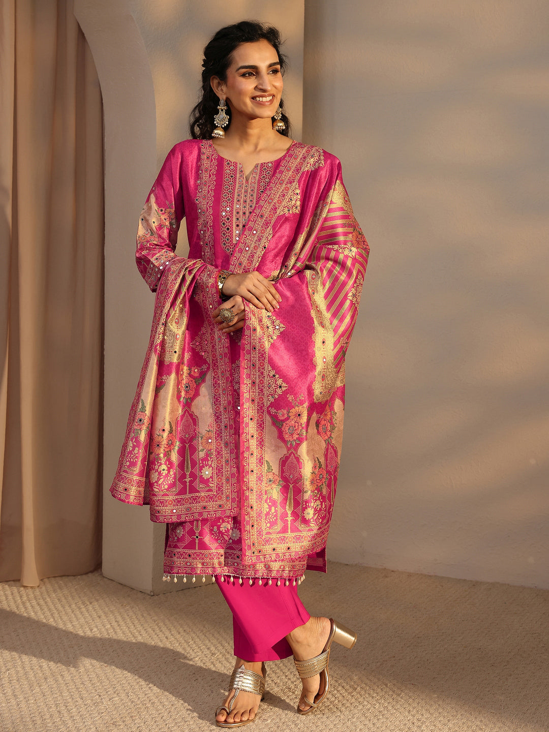  Pink Ethnic Printed Silk Blend Straight Suit Set With Dupatta 