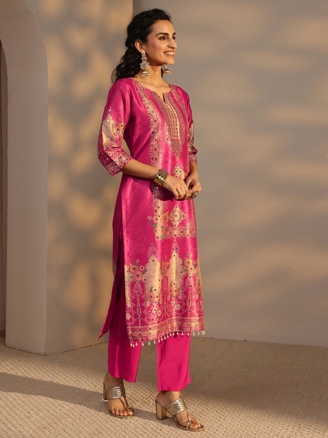  Pink Ethnic Printed Silk Blend Straight Suit Set With Dupatta 