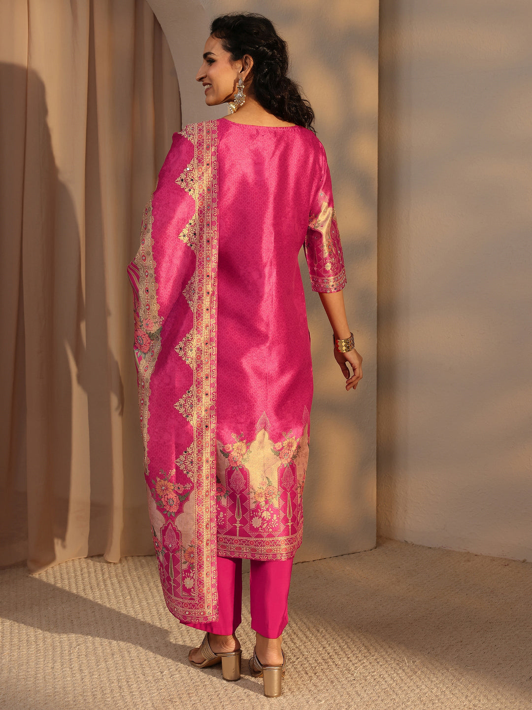  Pink Ethnic Printed Silk Blend Straight Suit Set With Dupatta 