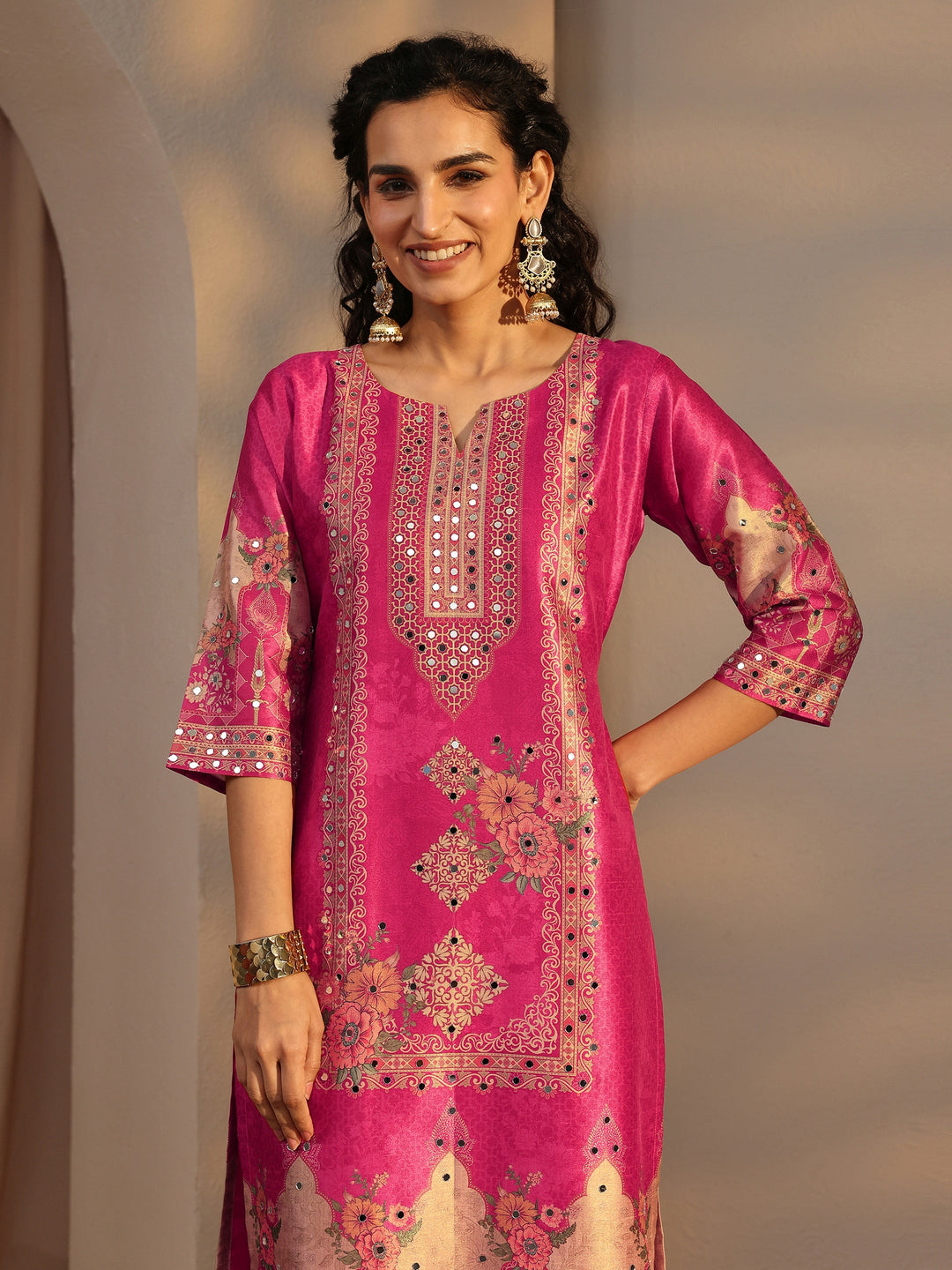  Pink Ethnic Printed Silk Blend Straight Suit Set With Dupatta 