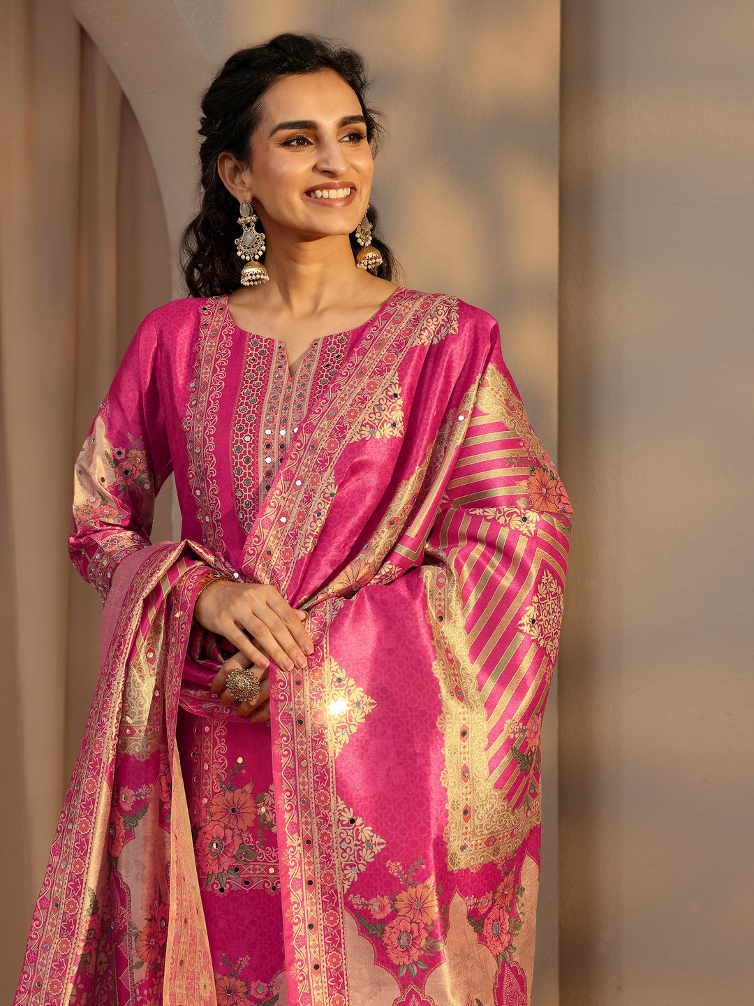  Pink Ethnic Printed Silk Blend Straight Suit Set With Dupatta 