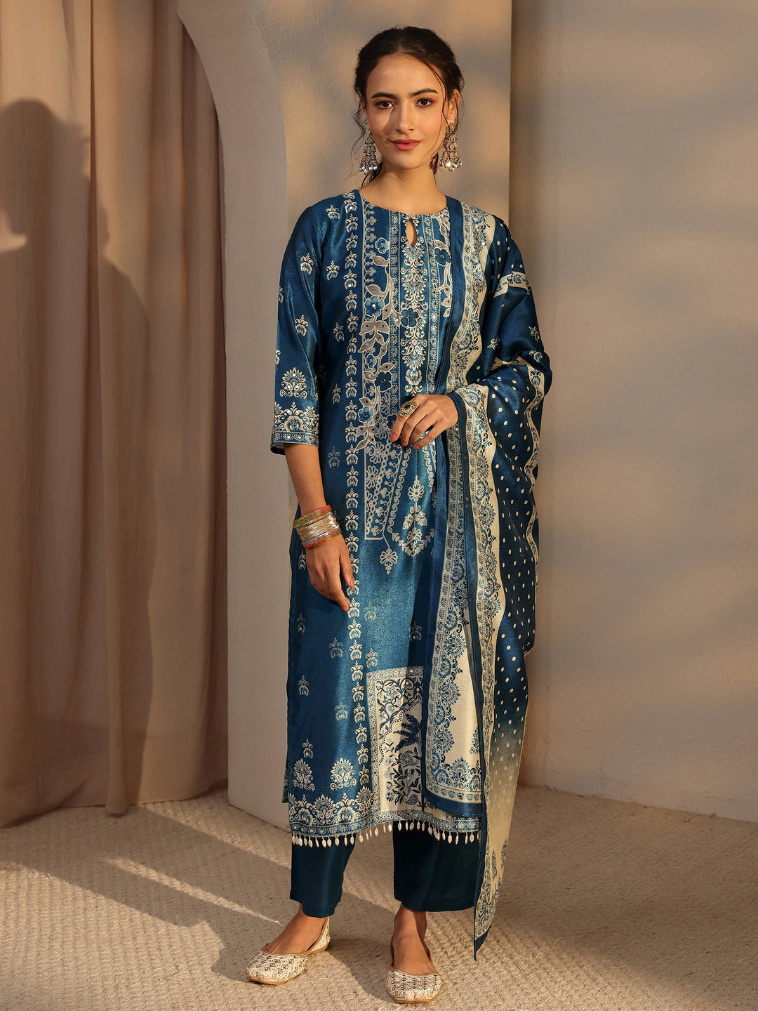  Blue Ethnic Printed Silk Blend Straight Suit Set With Dupatta 