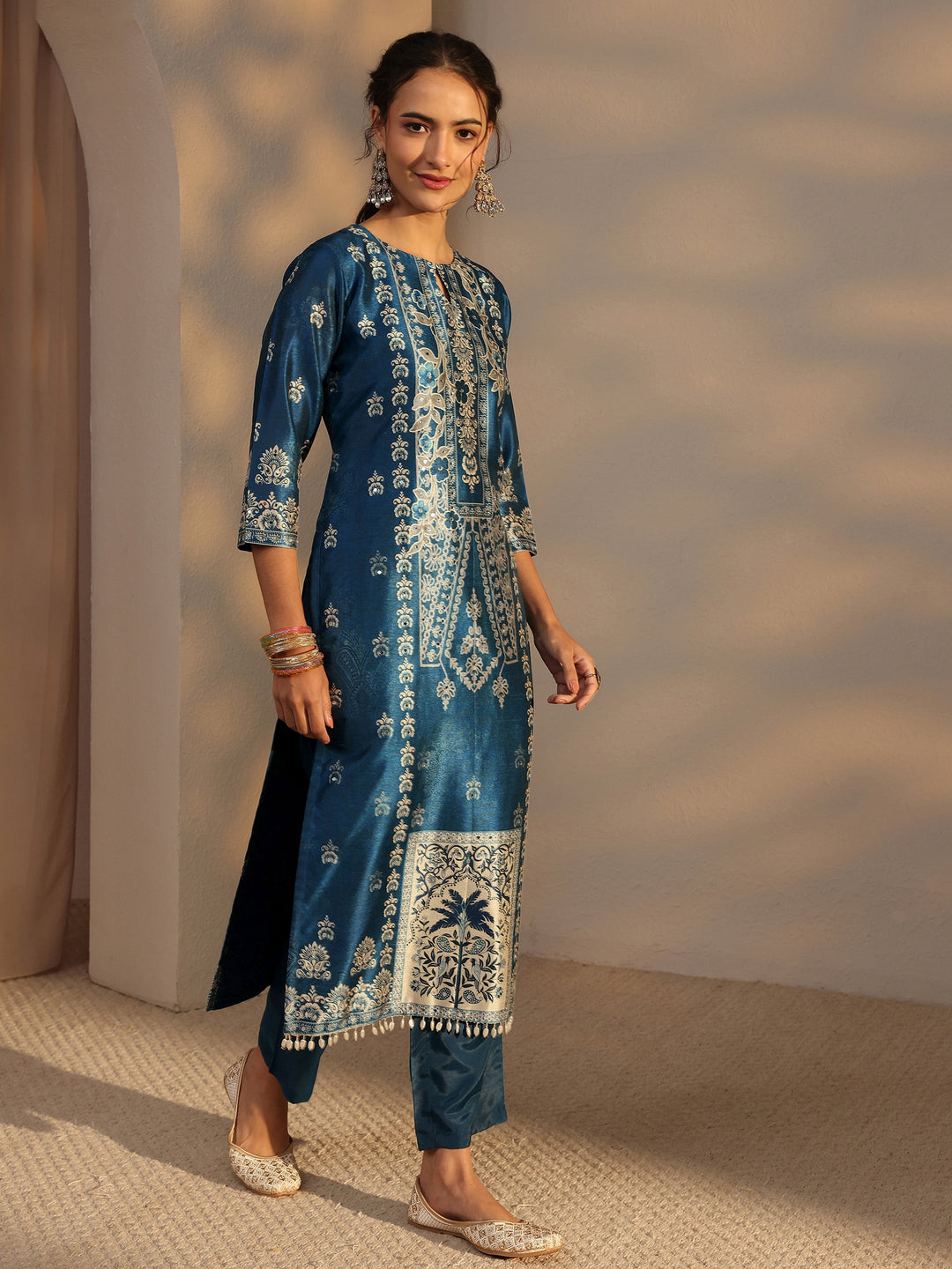  Blue Ethnic Printed Silk Blend Straight Suit Set With Dupatta 